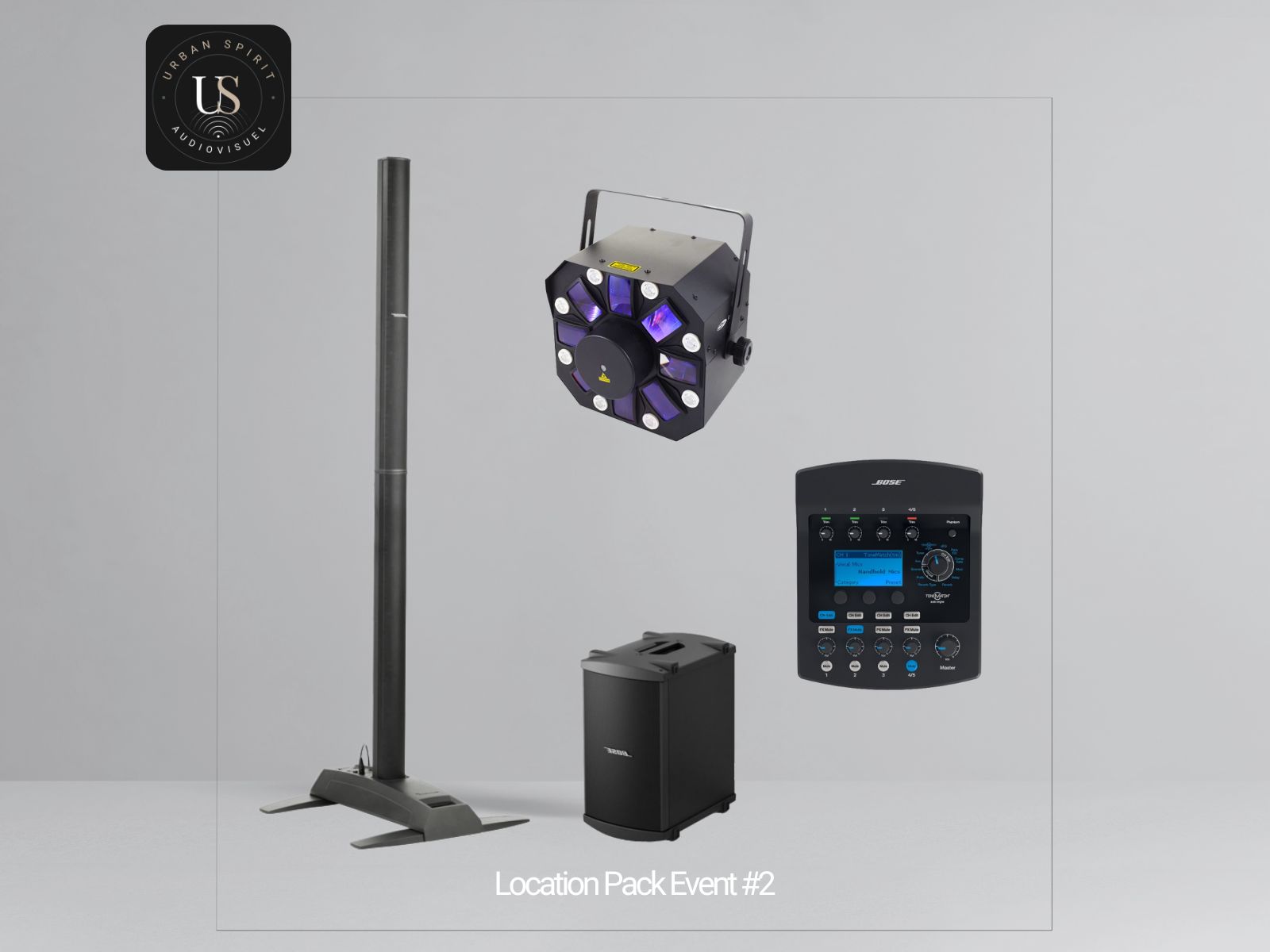 Pack Event #2 – Système Bose L1 Model II, caisson B2, ToneMatch et lumière Dominator – Urban Spirit Audiovisuel