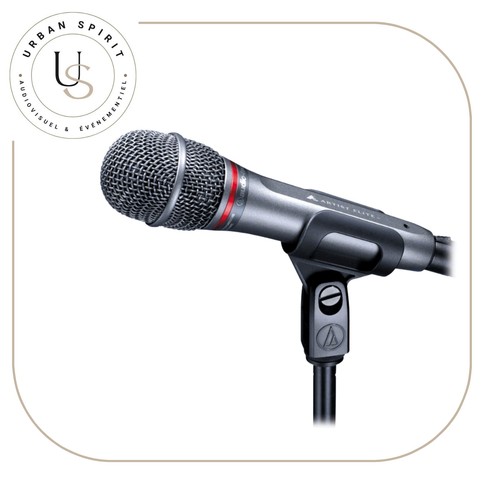 Audio-Technica AE6100 micro hypercardioïde Artist Elite anneau rouge sur pied – location Urban Spirit Audiovisuel