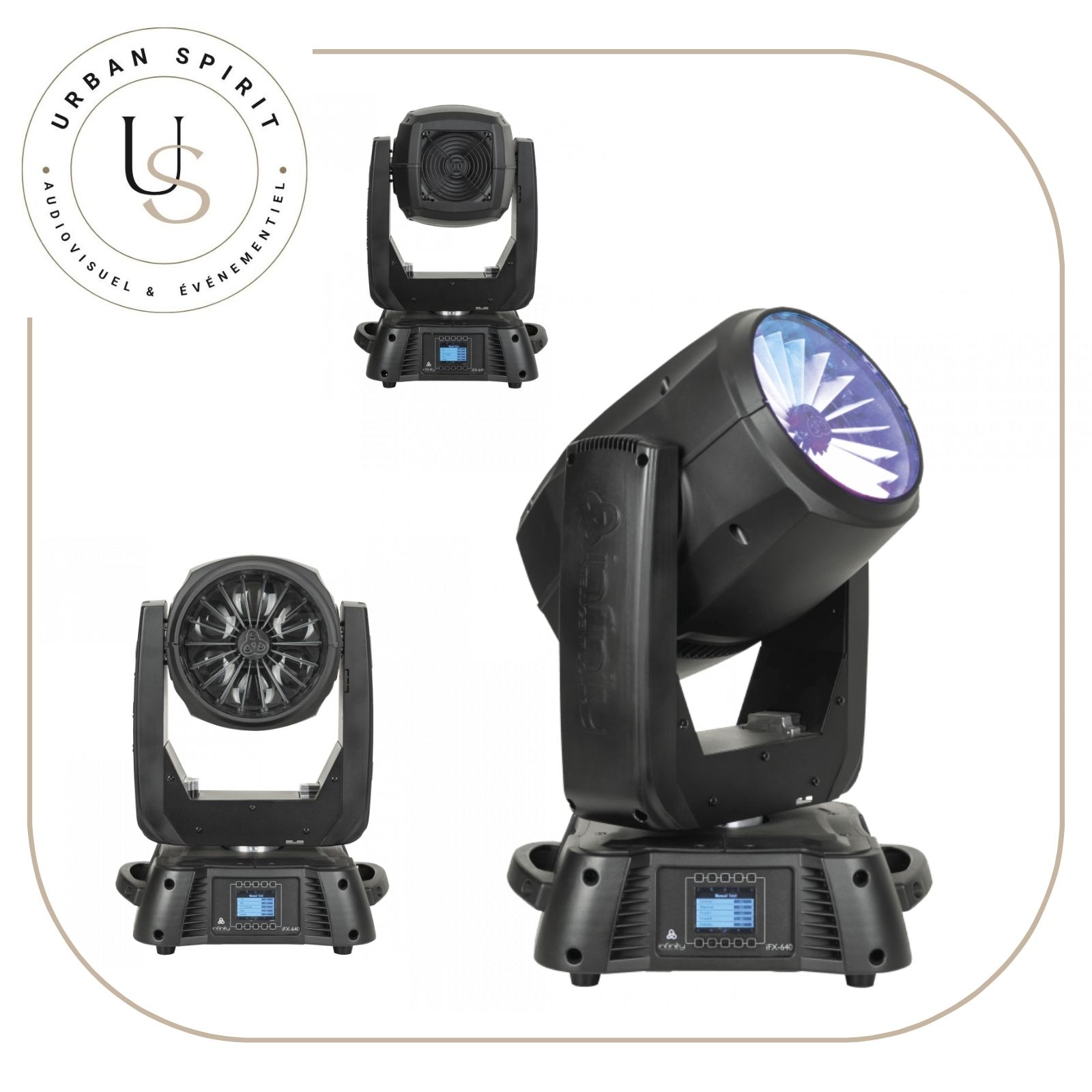 Infinity iFX-640 lyre LED RGBW 6×40W vue produit 3 angles – location projecteur automatique Urban Spirit Audiovisuel
