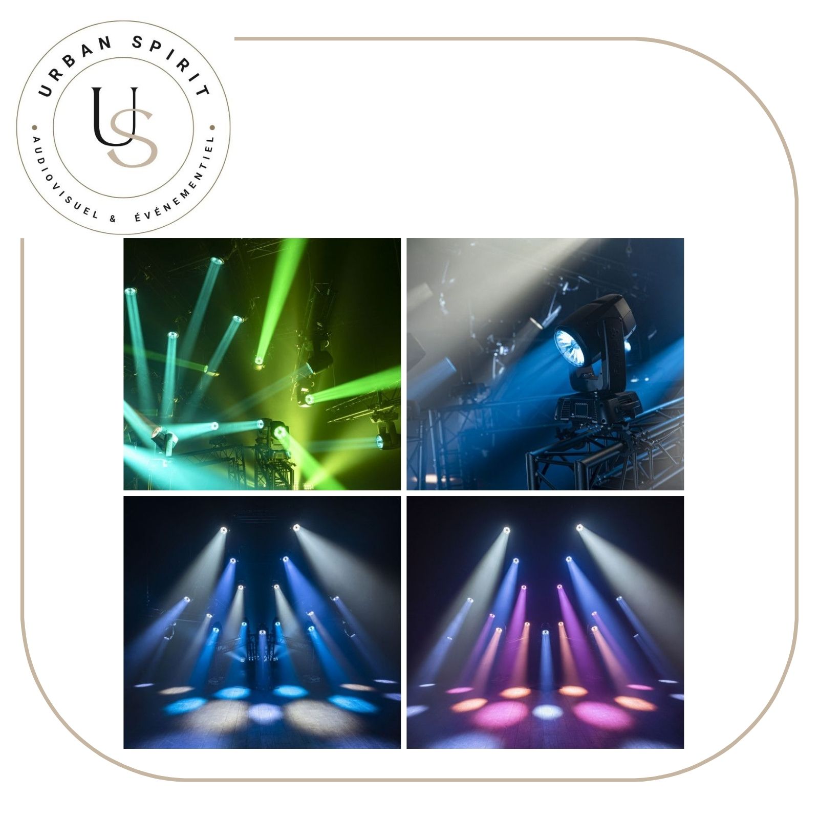 Infinity iFX-640 effets en situation faisceaux vert et bleu sur scène – location Urban Spirit