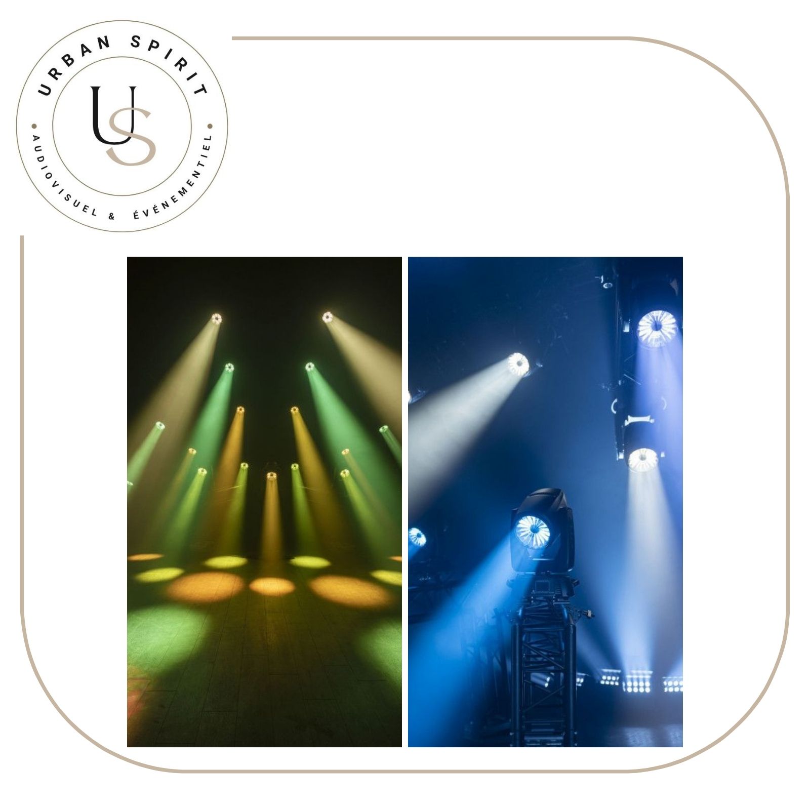 Infinity iFX-640 effets en situation vert jaune et blanc sur truss – location Urban Spirit Audiovisuel