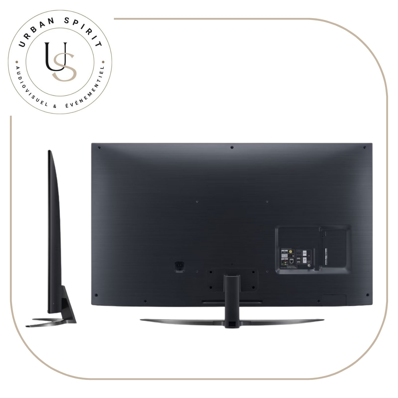 LG NanoCell 65 pouces 4K TV vue arrière et profil pied central – location Urban Spirit