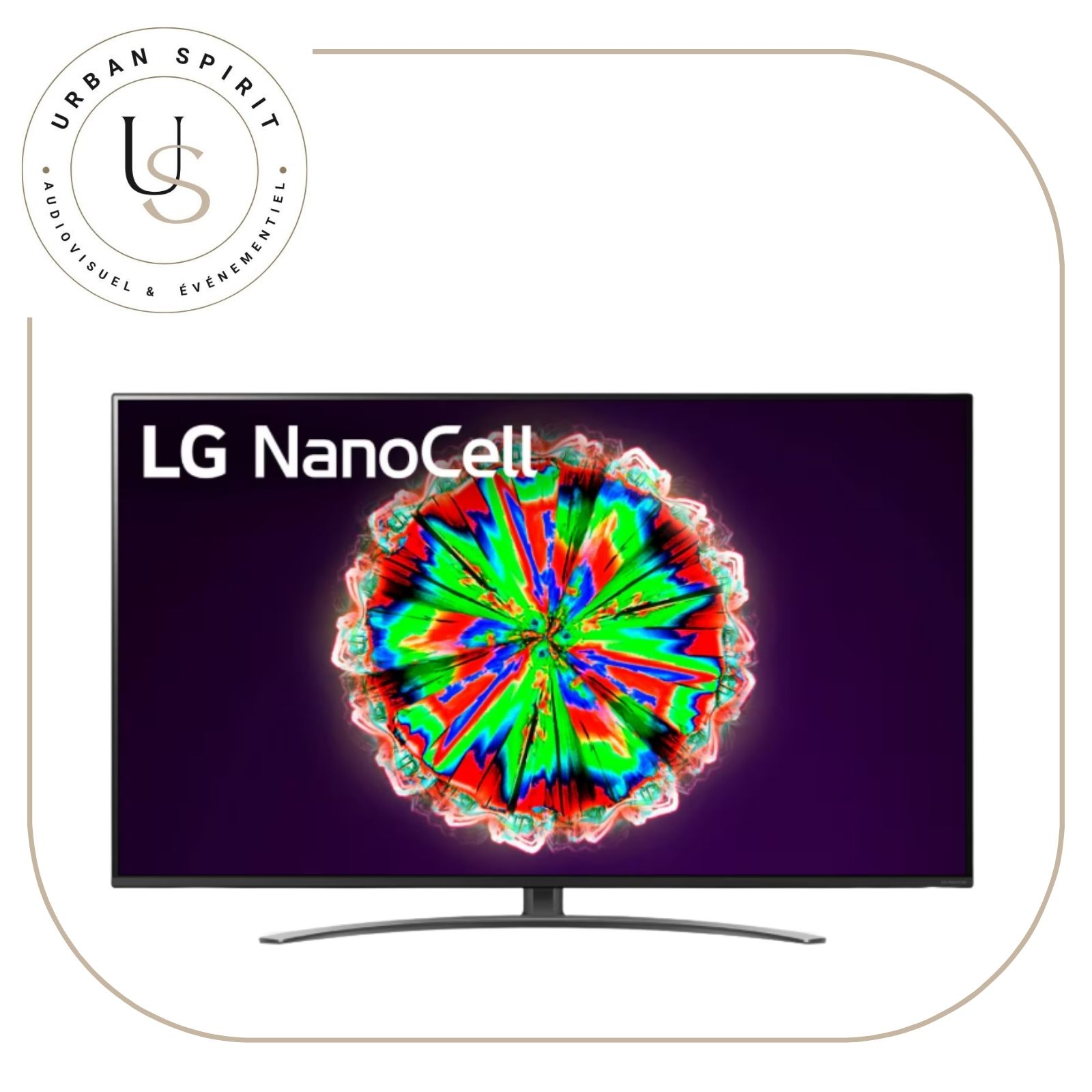LG NanoCell 65 pouces 4K TV vue face écran allumé texte LG NanoCell – location Urban Spirit Audiovisuel