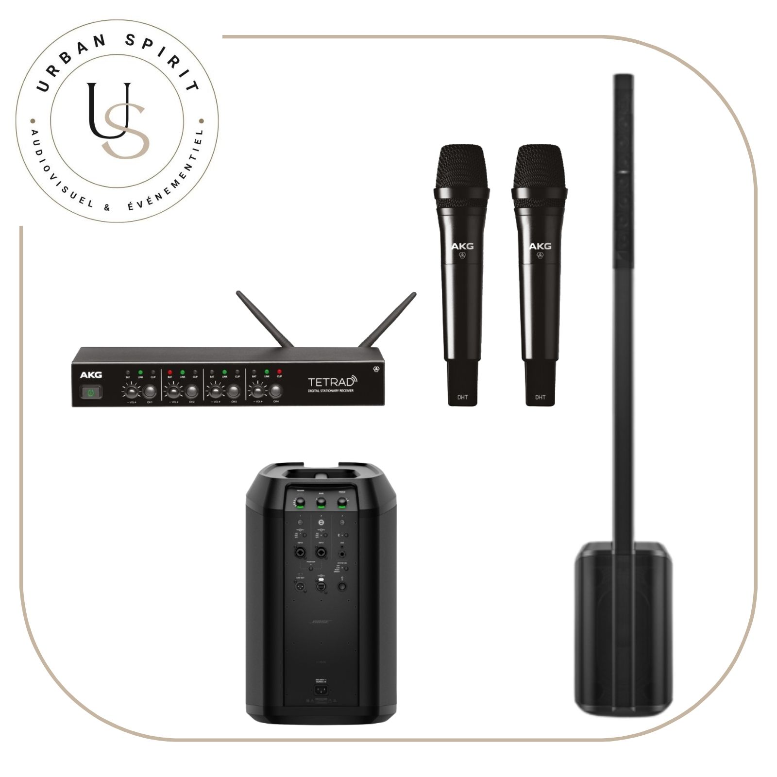Pack conférence 75 personnes sonorisation micro AKG TETRAD et enceinte colonne Bose – location Urban Spirit Audiovisuel