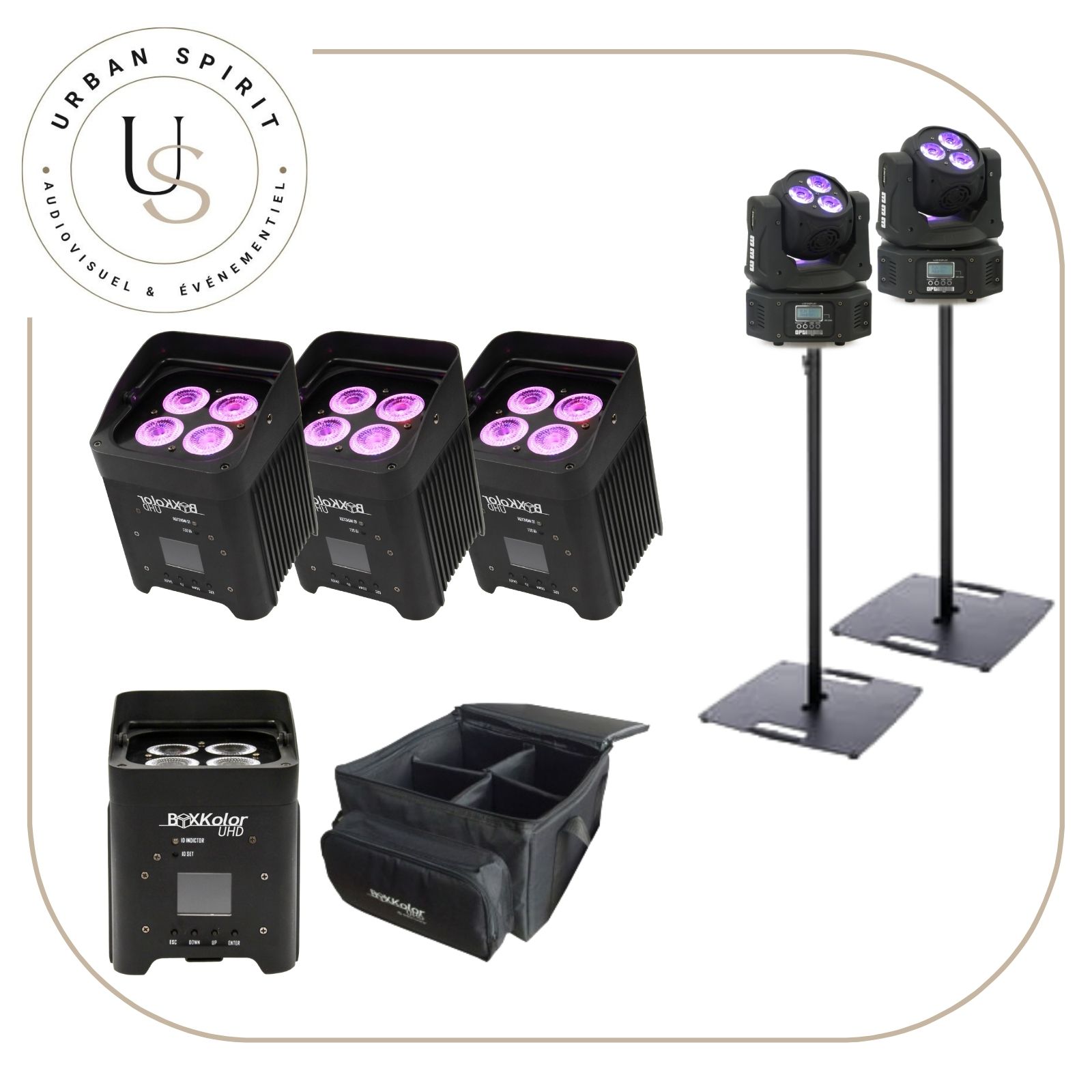 Pack Light #2 BoxKolor uplifters LED et lyres mini wash sur pieds – location Urban Spirit
