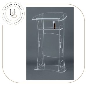 Pupitre plexiglass transparent prestige vue seule fond gris – location Urban Spirit Audiovisuel