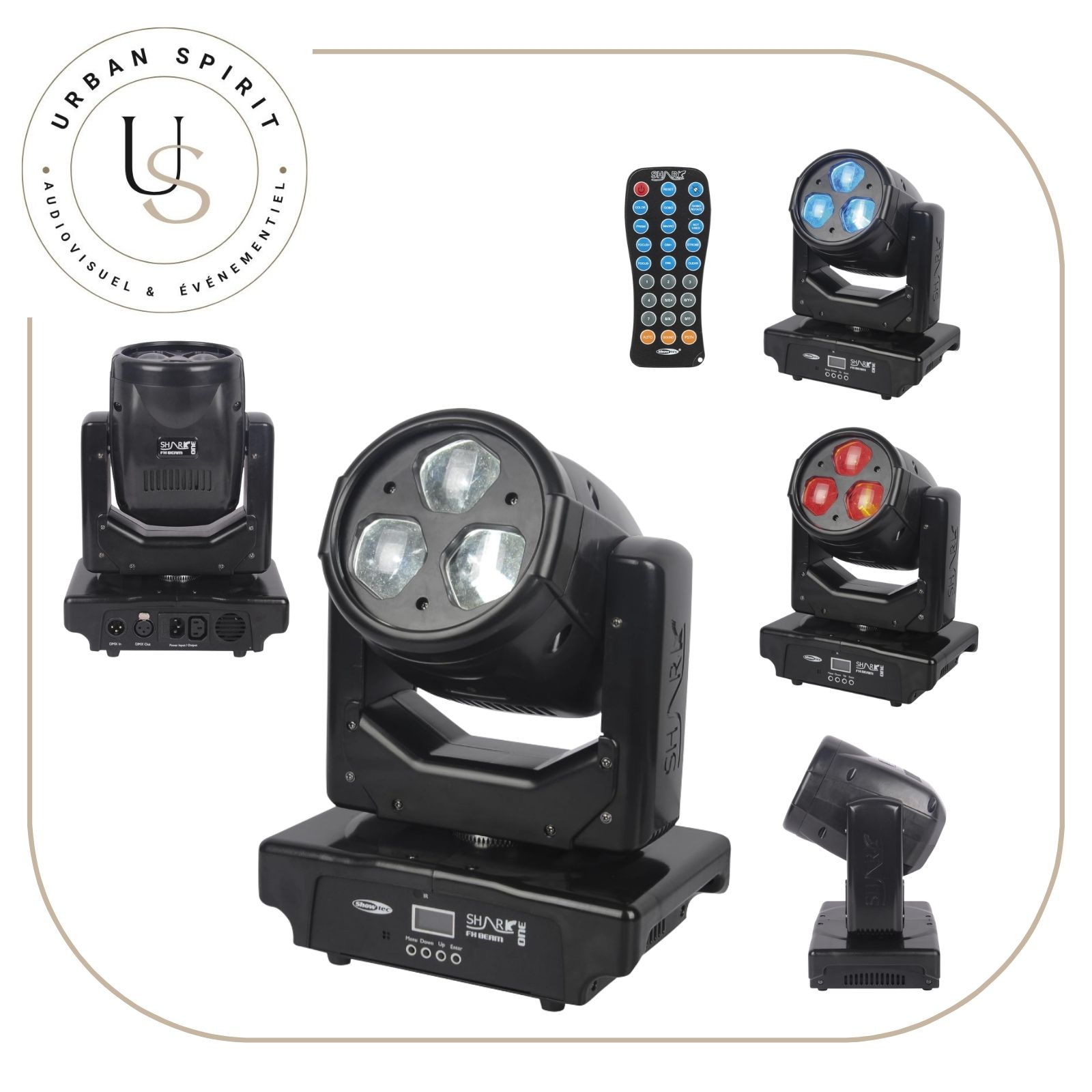 Showtec Shark Beam FX One lyre beam/wash 3×40W RGBW 5 vues produit télécommande – location Urban Spirit Audiovisuel