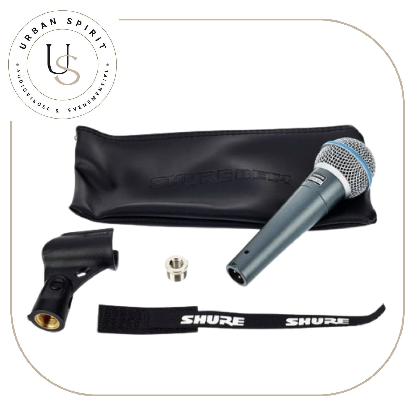 Shure Beta 58A avec pochette Shure Beta et accessoires – location Urban Spirit Audiovisuel