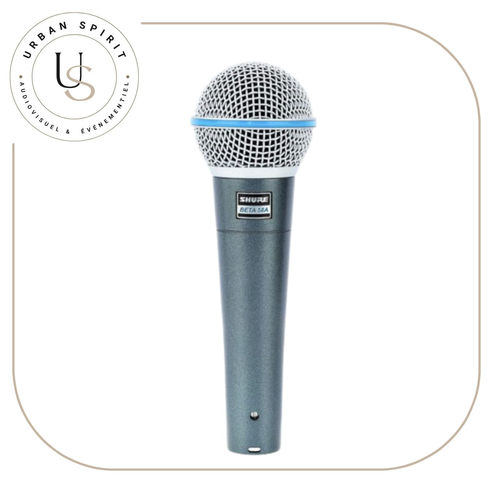 Shure Beta 58A micro filaire dynamique supercardioïde anneau bleu – location Urban Spirit Audiovisuel