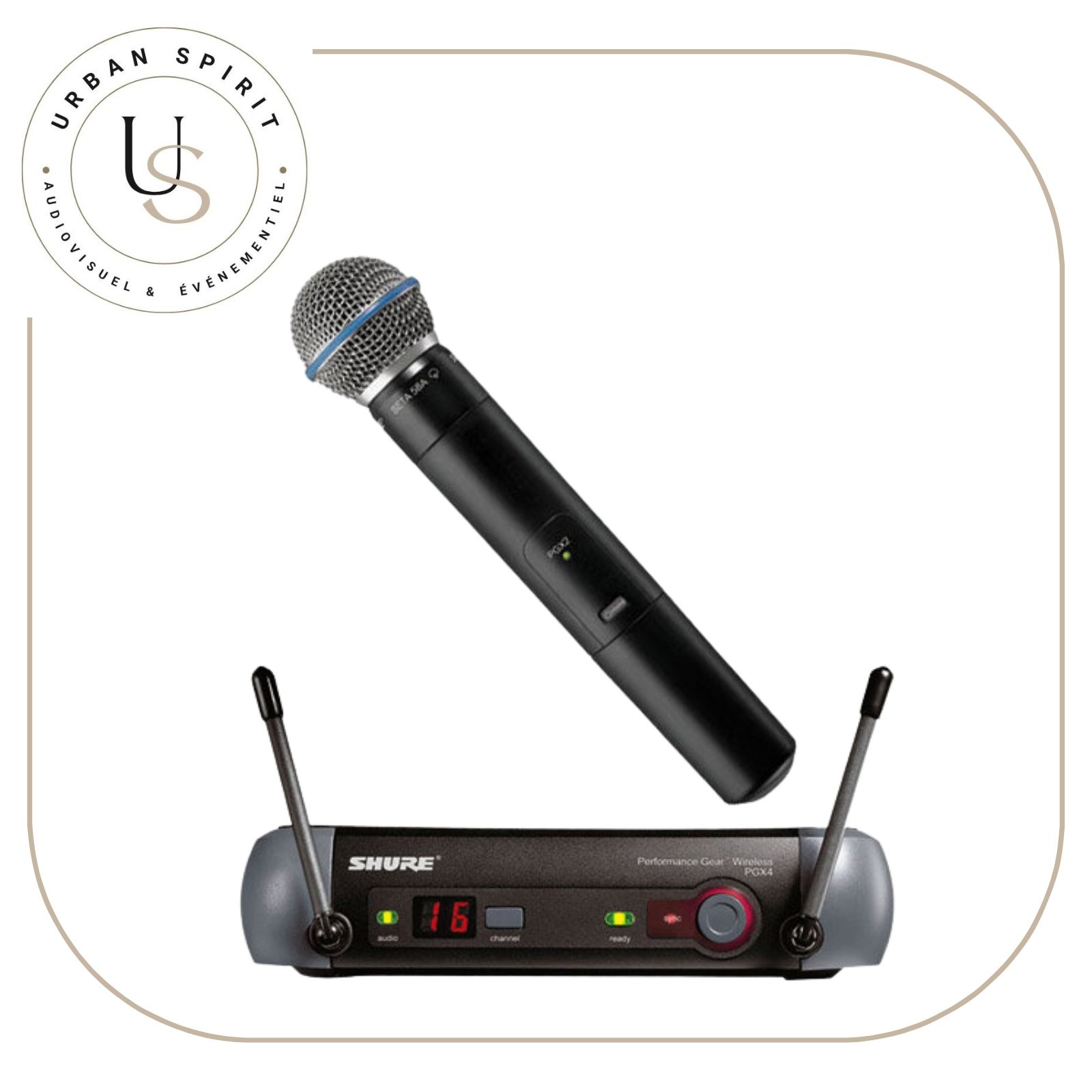 Shure BLX24 Beta 58A micro HF chant capsule Beta 58A et récepteur PGX4 – location Urban Spirit Audiovisuel