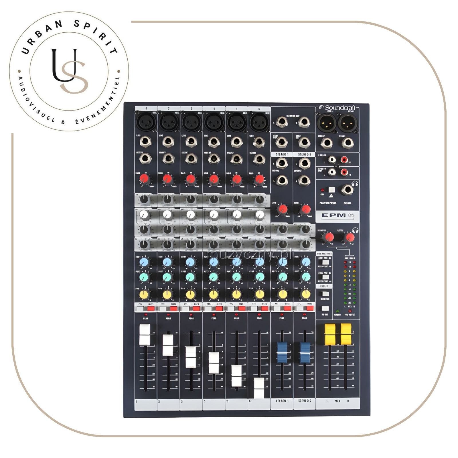 Soundcraft EPM 6 table de mixage analogique vue de dessus logo Soundcraft – location Urban Spirit Audiovisuel