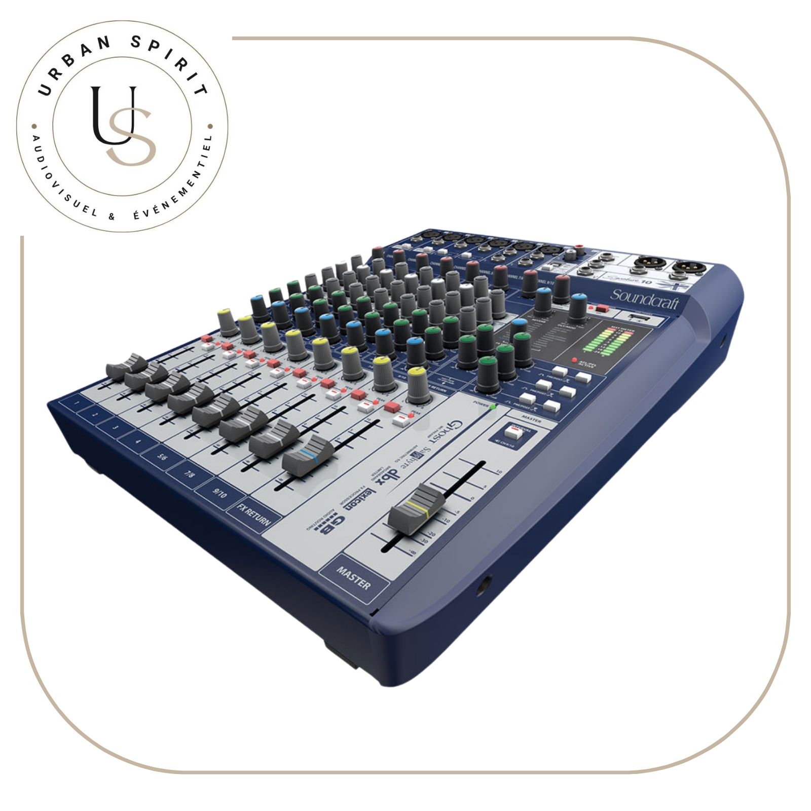 Soundcraft Signature 10 table de mixage analogique USB vue 3/4 corps bleu – location Urban Spirit Audiovisuel