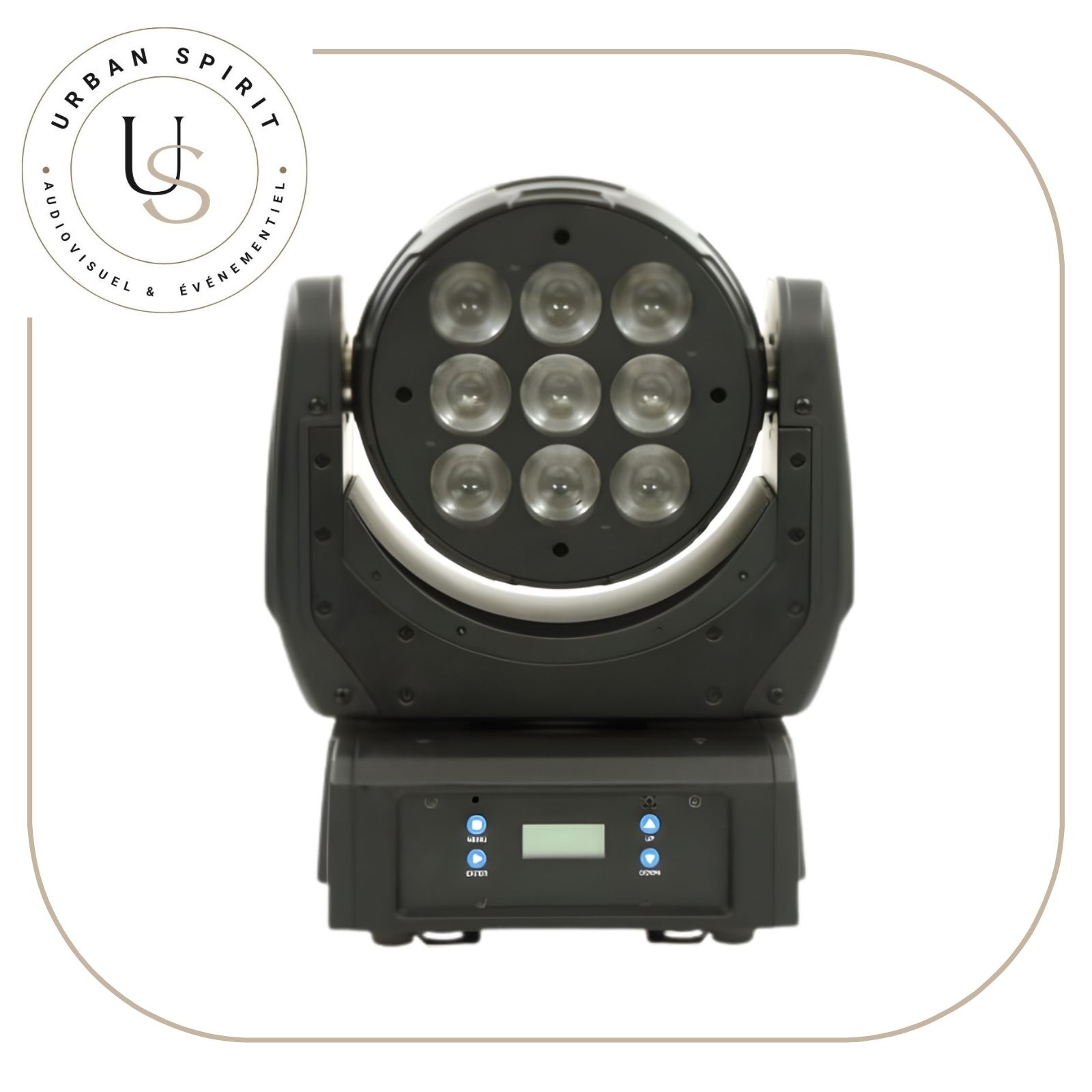 Starway Servopix 440 lyre wash LED 4×40W vue frontale 9 LEDs écran LCD – location Urban Spirit Audiovisuel