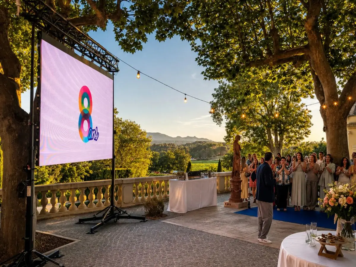 Écran LED affichant le logo des 8 ans de Synlab Provence sur une terrasse du Domaine de la Galinière, invités applaudissant au coucher du soleil