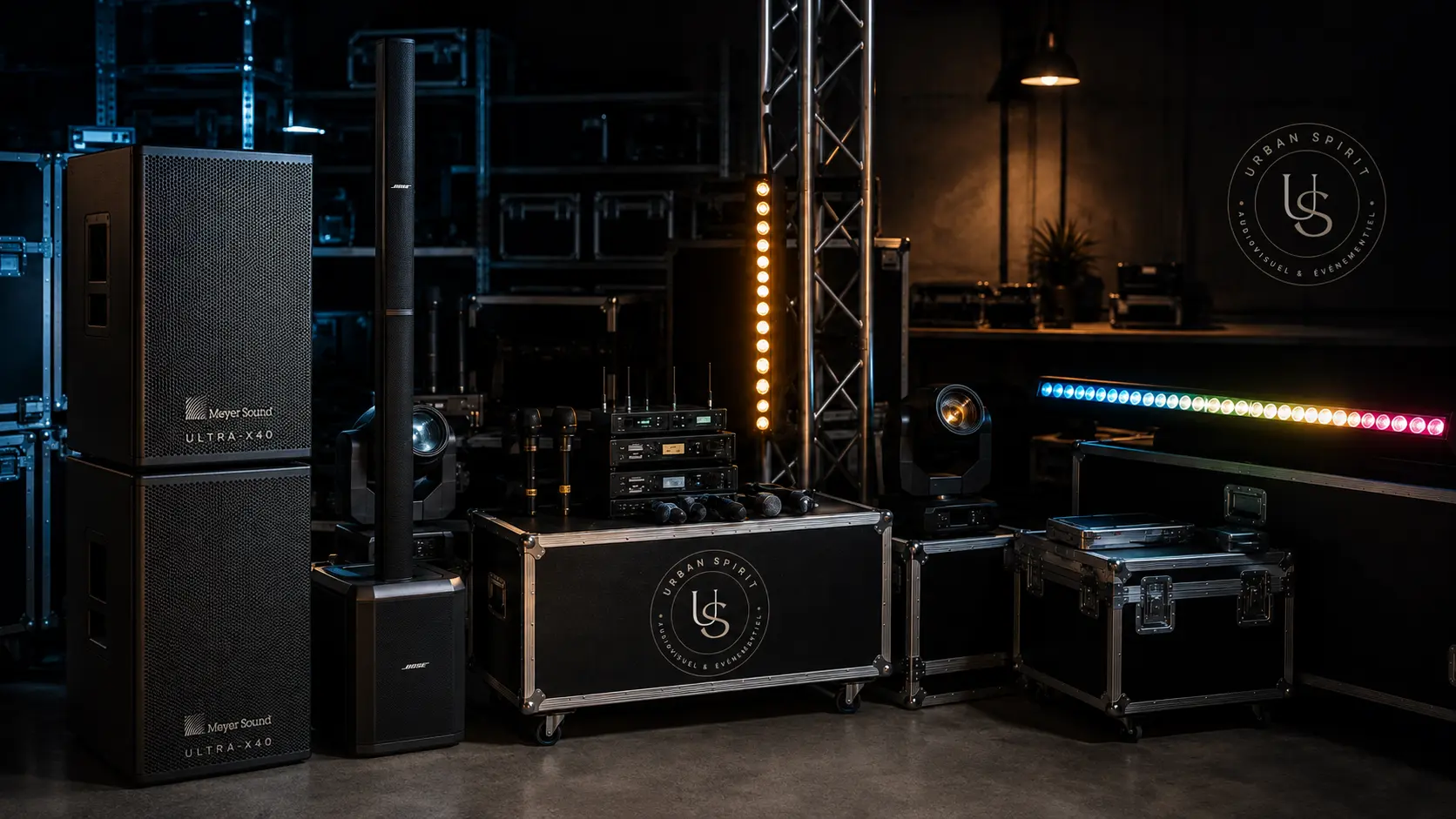 Parc de matériel audiovisuel Urban Spirit : enceintes Meyer Sound et Bose, lyres, micros, flight cases