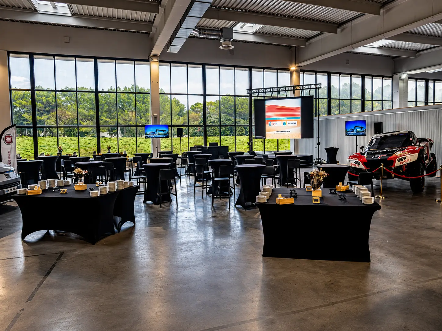 Espace événementiel avec tables cocktail, écrans de diffusion et véhicule de rally IVECO exposé, en hangar vitré