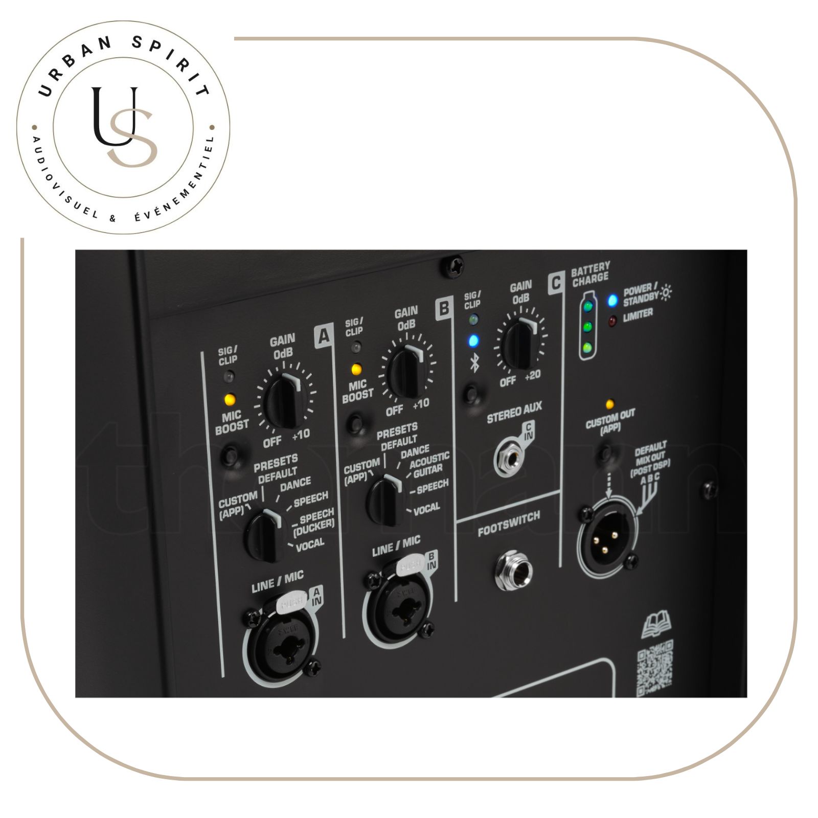 Connectique et commandes de l’enceinte QSC CB10