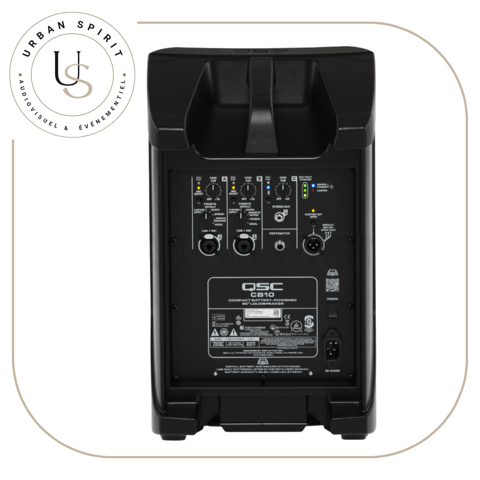 Face arrière de l’enceinte autonome QSC CB10